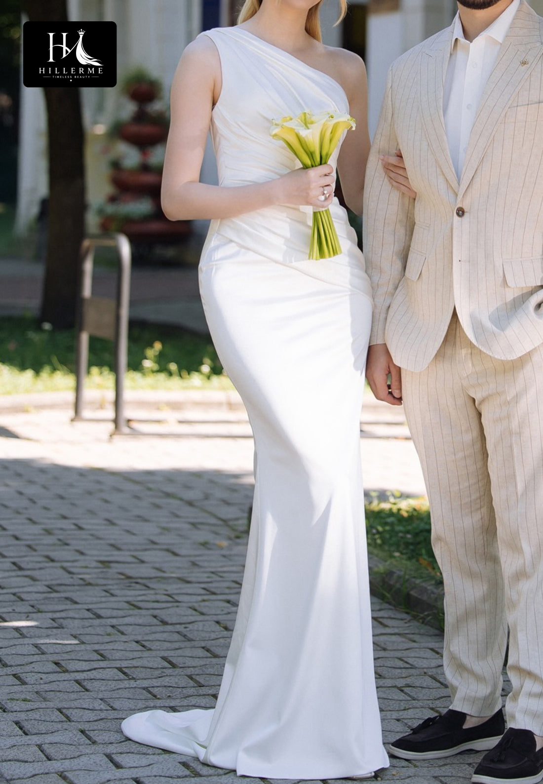 Asymmetrical-Neck One-Strap Sleeveless Satin Pleated Sweep Train Mermaid Wedding Dress