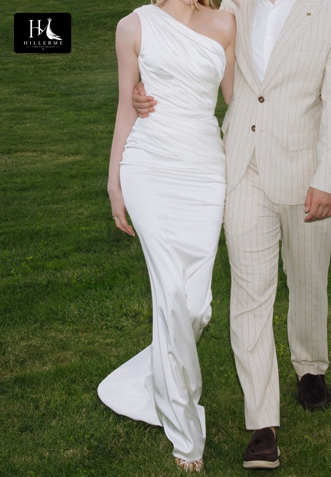 Asymmetrical-Neck One-Strap Sleeveless Satin Pleated Sweep Train Mermaid Wedding Dress