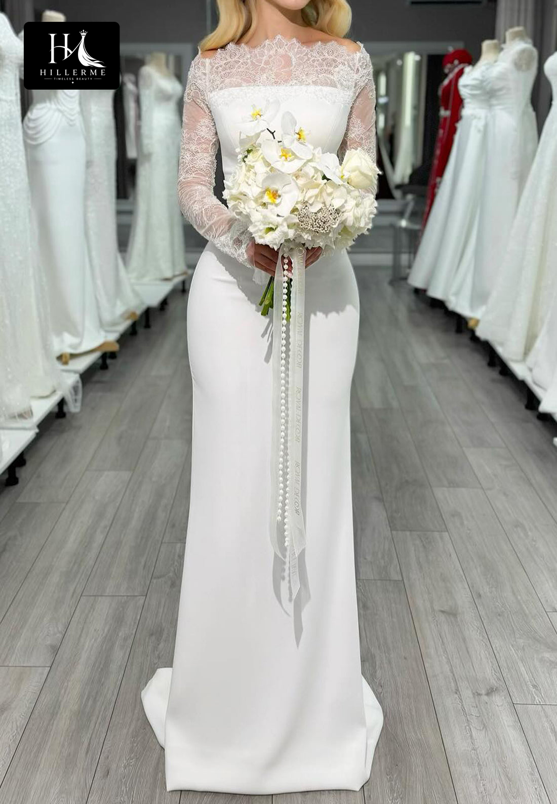 Bateau-Neck Long-Sleeve Satin and Lace Mermaid Bridal Gown with Sweep Train