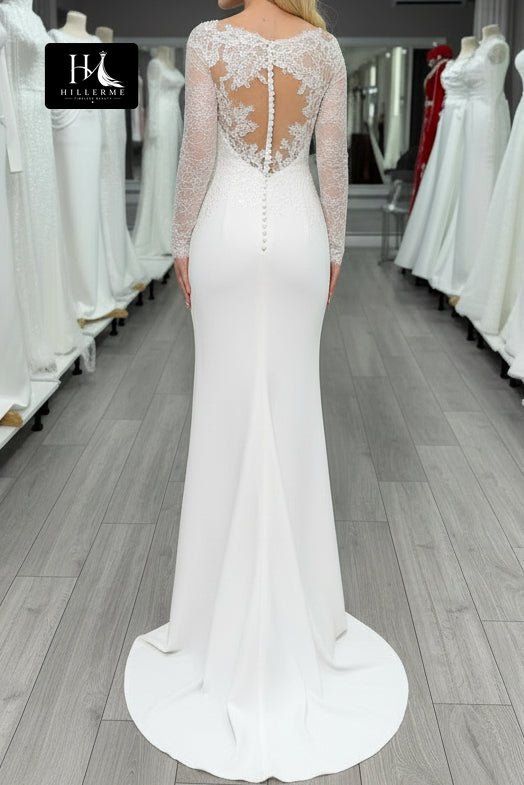 Bateau-Neck Long-Sleeve Satin and Lace Mermaid Bridal Gown with Sweep Train