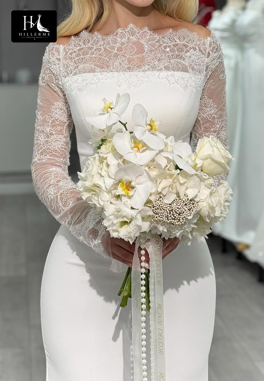Bateau-Neck Long-Sleeve Satin and Lace Mermaid Bridal Gown with Sweep Train
