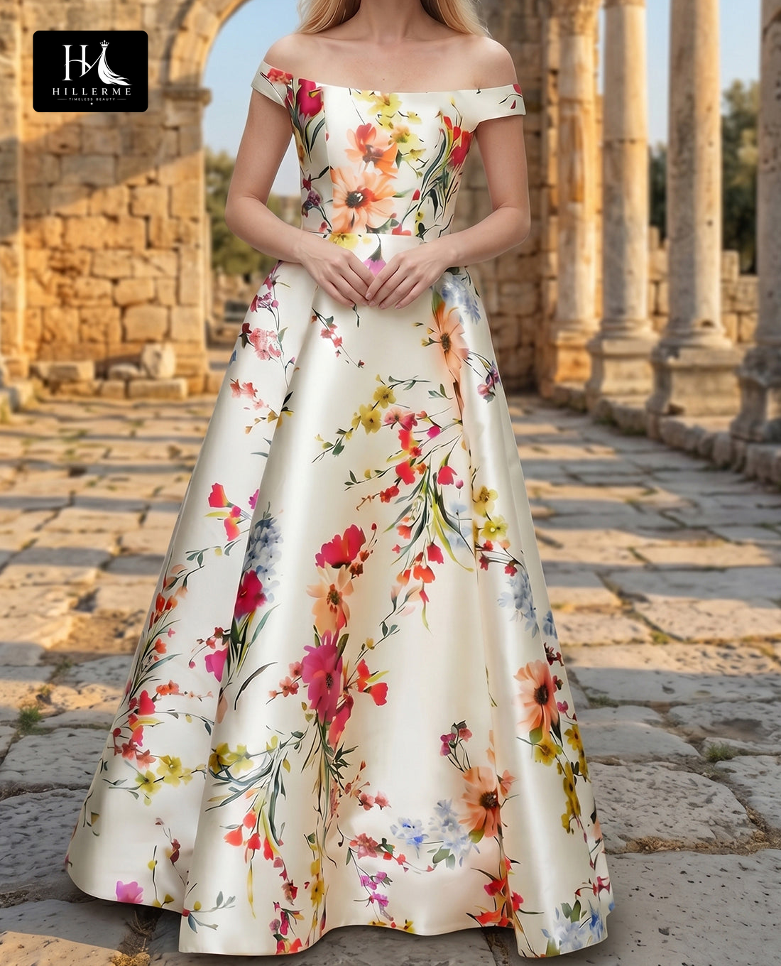 Print-Satin Pleated A-Line Floor-Length Mother of the Bride Dress with Bateau Neckline
