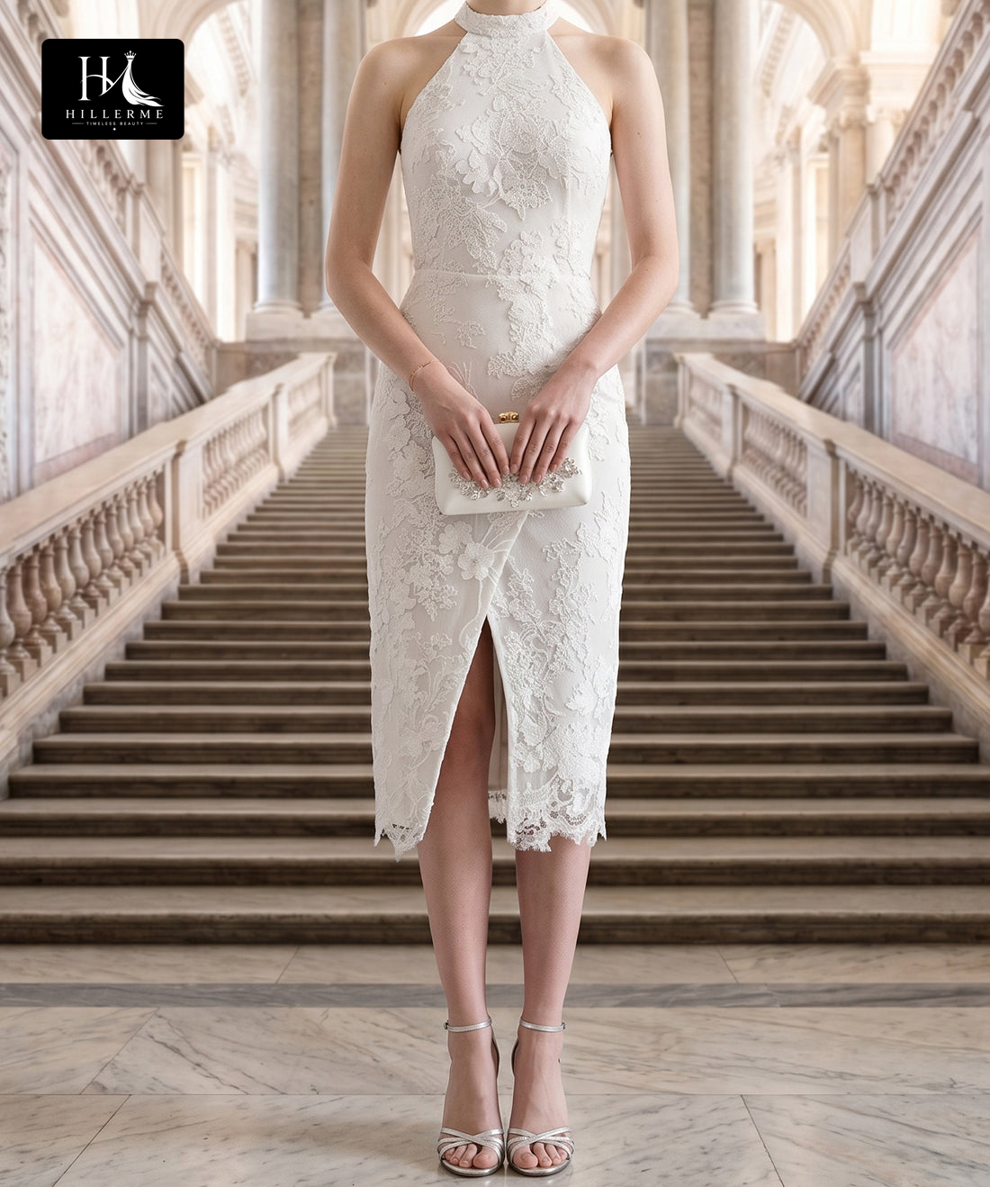 Halter-Neck Tulle Appliqué Sequined Beaded Tea-Length Mermaid Beach Wedding Dress
