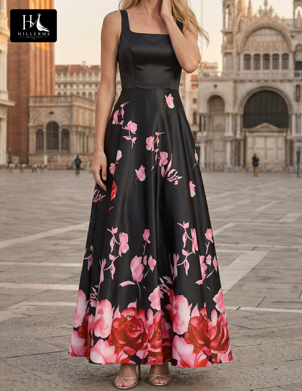 Print Satin Floor-Length A-Line Mother of the Bride Dress with Square Neck and Delicate Straps