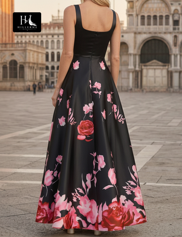 Print Satin Floor-Length A-Line Mother of the Bride Dress with Square Neck and Delicate Straps