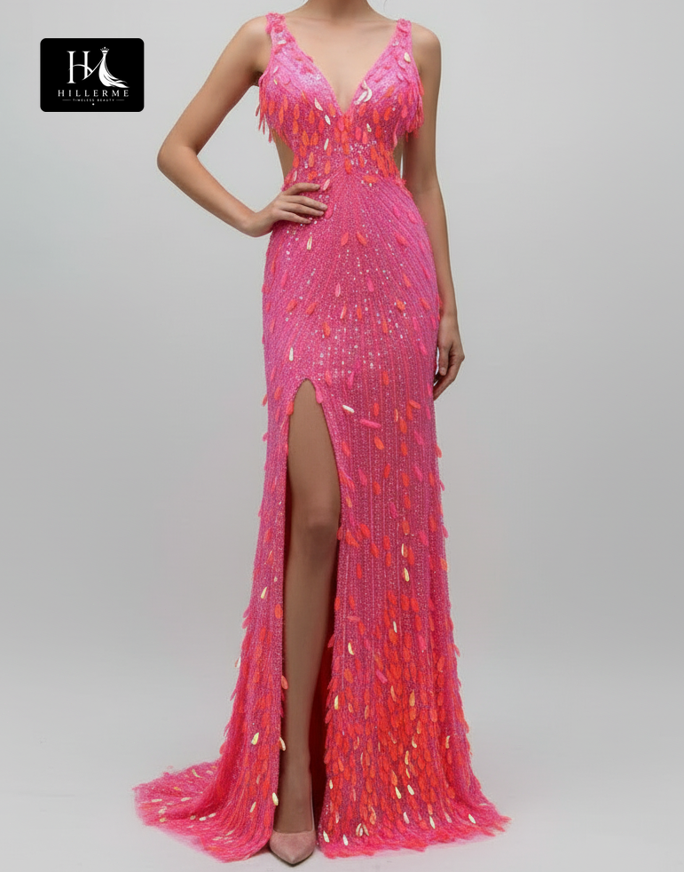 Floor-Length Mermaid Prom Dress with Deep V-Neck, Sequined Tulle, Open Back and Slit