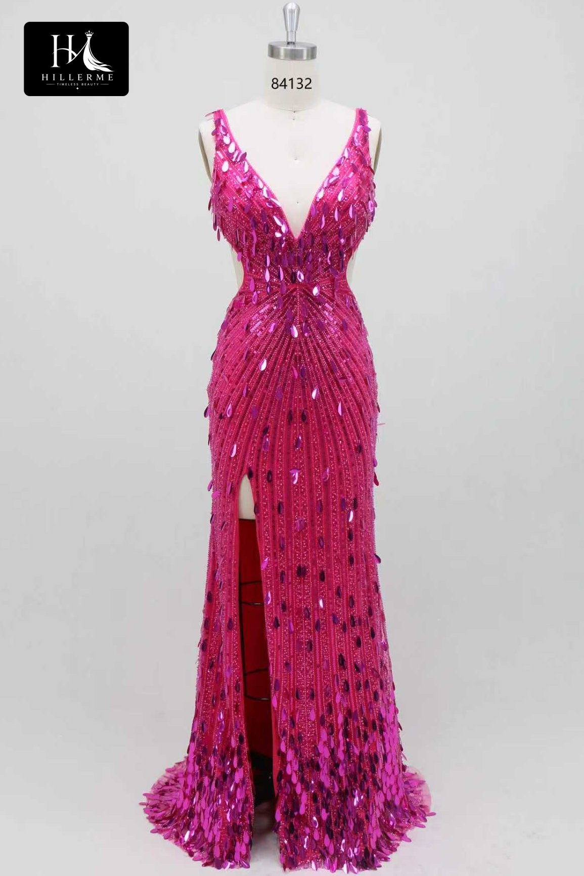 Floor-Length Mermaid Prom Dress with Deep V-Neck, Sequined Tulle, Open Back and Slit