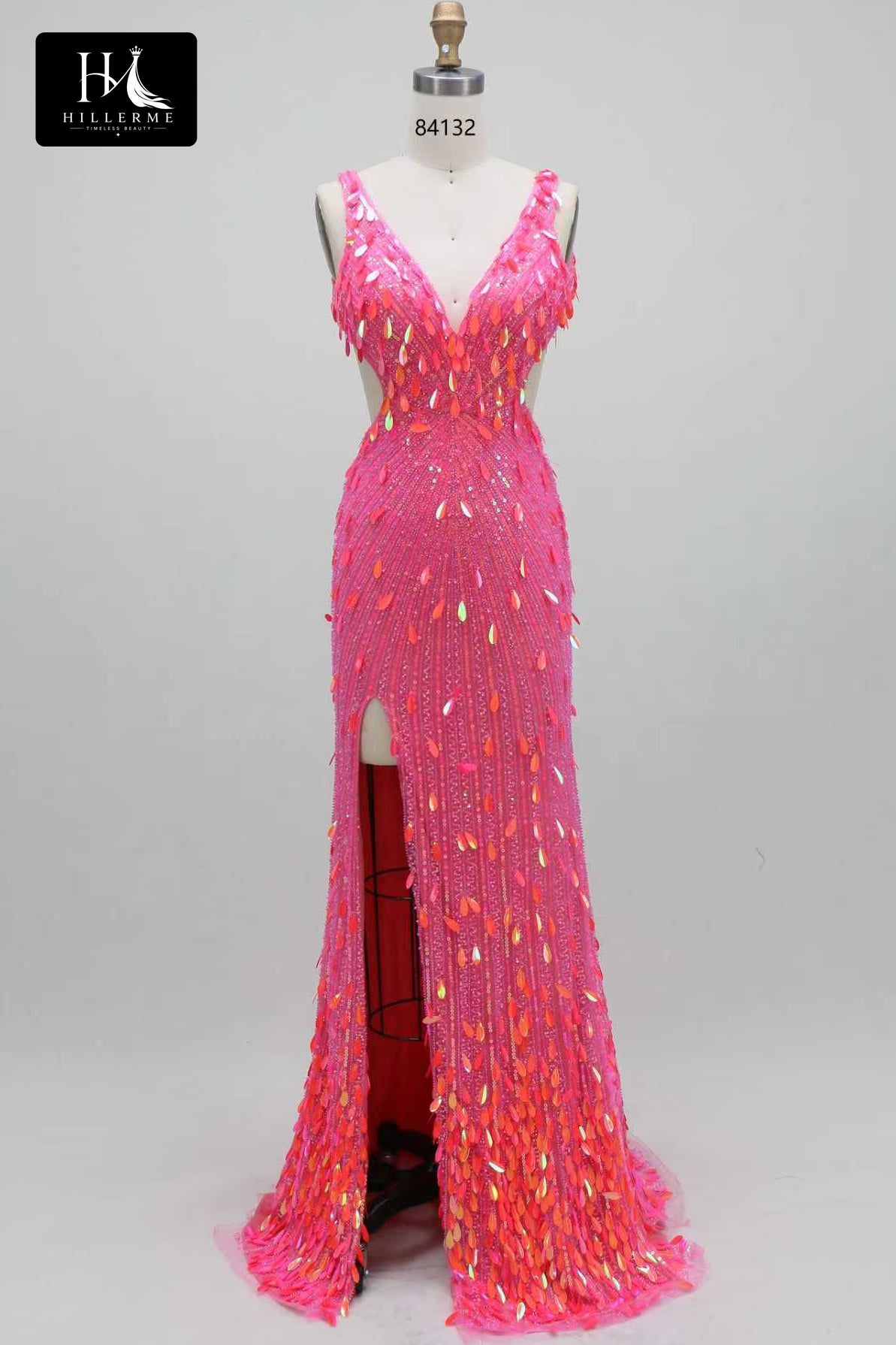 Floor-Length Mermaid Prom Dress with Deep V-Neck, Sequined Tulle, Open Back and Slit