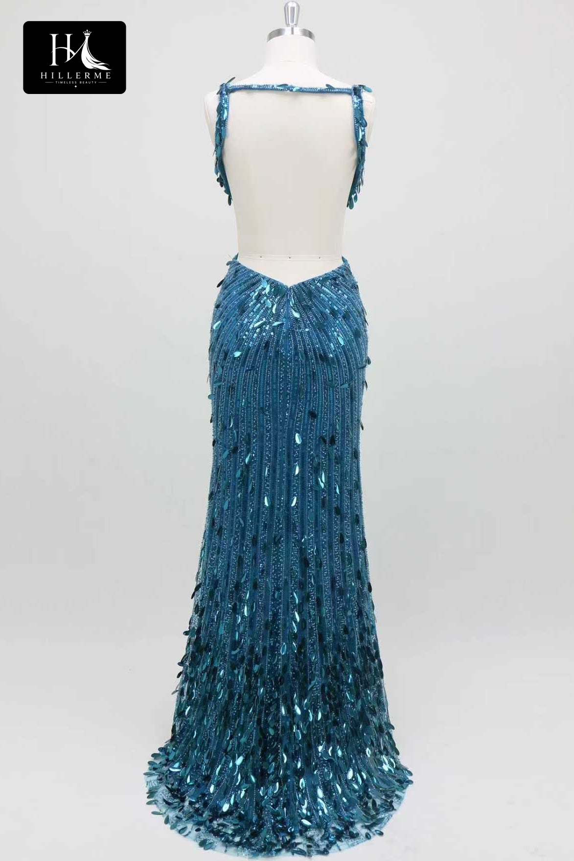 Floor-Length Mermaid Prom Dress with Deep V-Neck, Sequined Tulle, Open Back and Slit