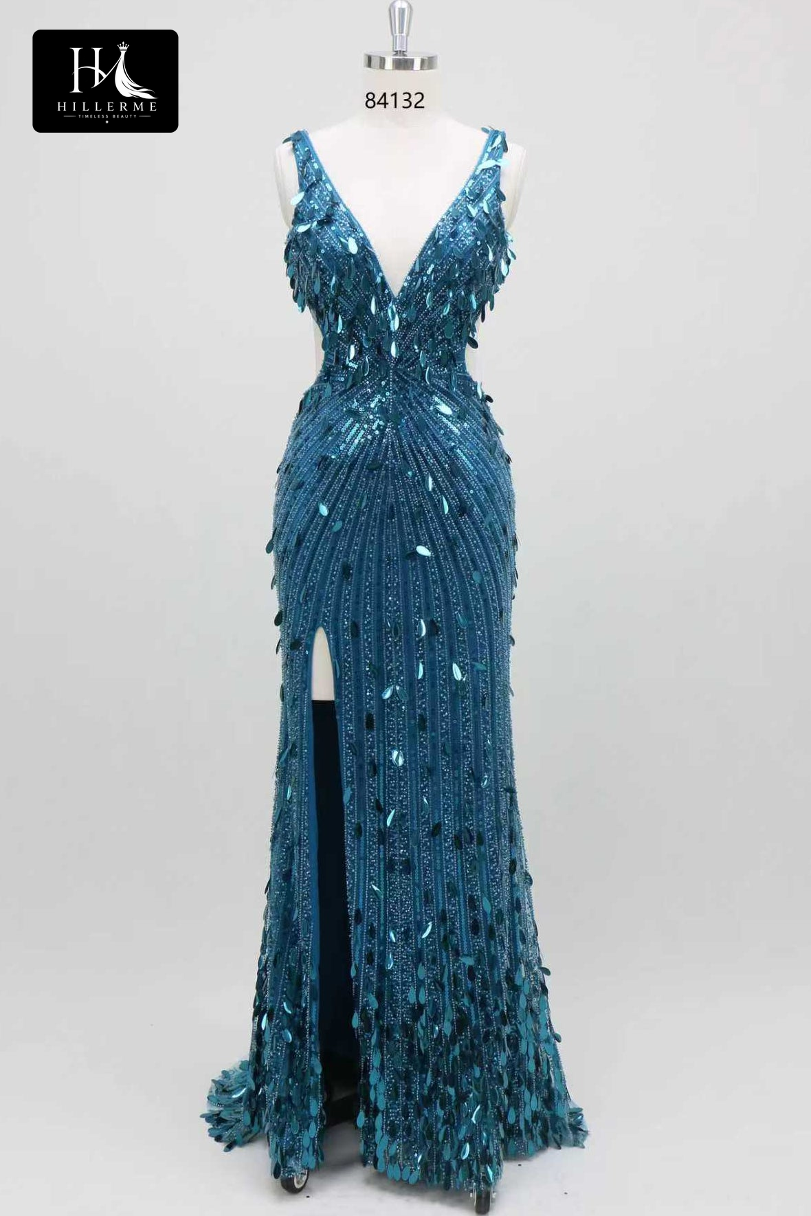 Floor-Length Mermaid Prom Dress with Deep V-Neck, Sequined Tulle, Open Back and Slit