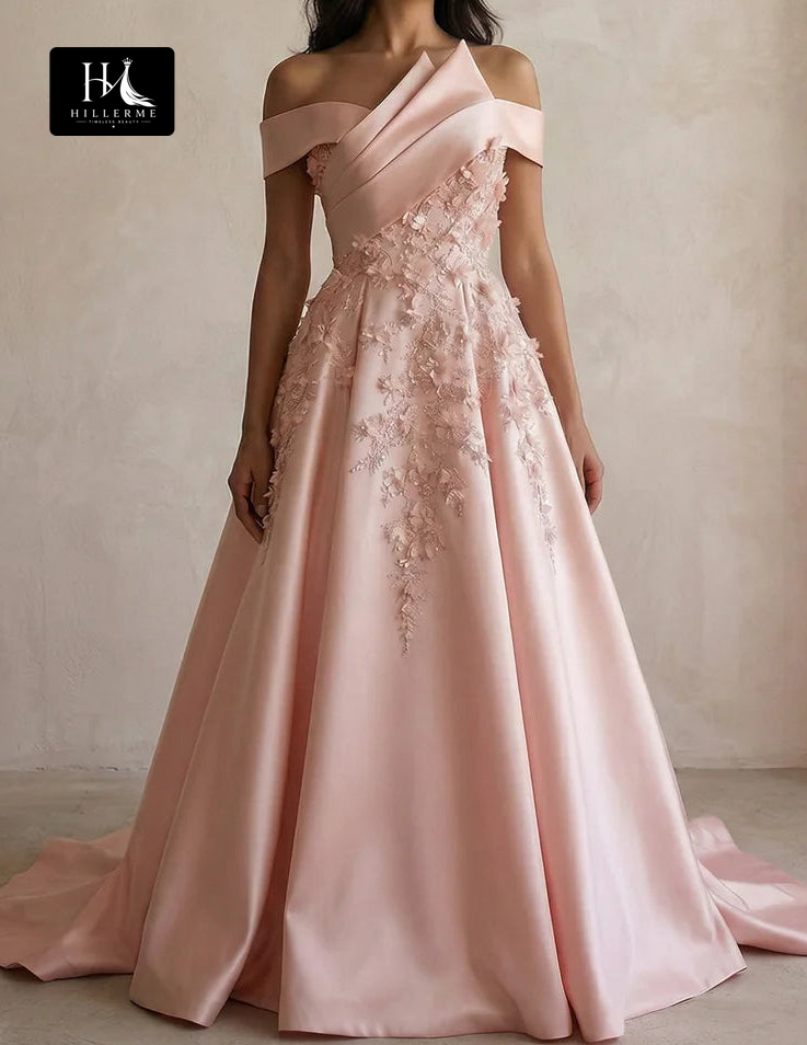 Asymmetrical-Neck 3D Floral Applique Sequined Satin Pleated A-Line Formal Prom Dress