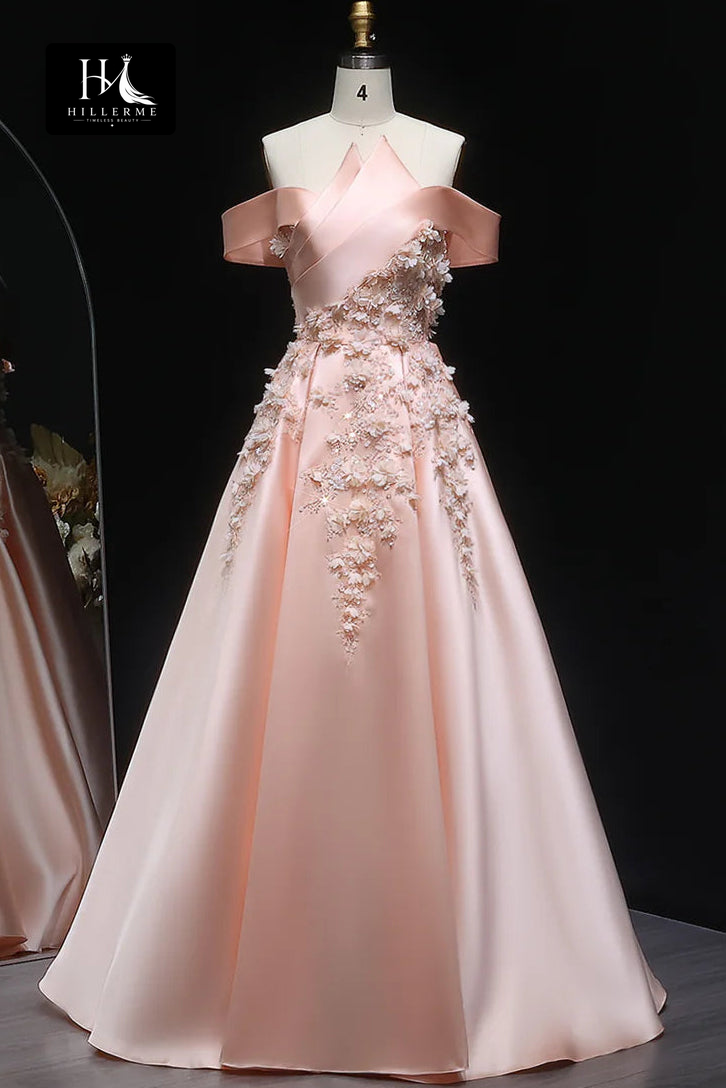 Asymmetrical-Neck 3D Floral Applique Sequined Satin Pleated A-Line Formal Prom Dress