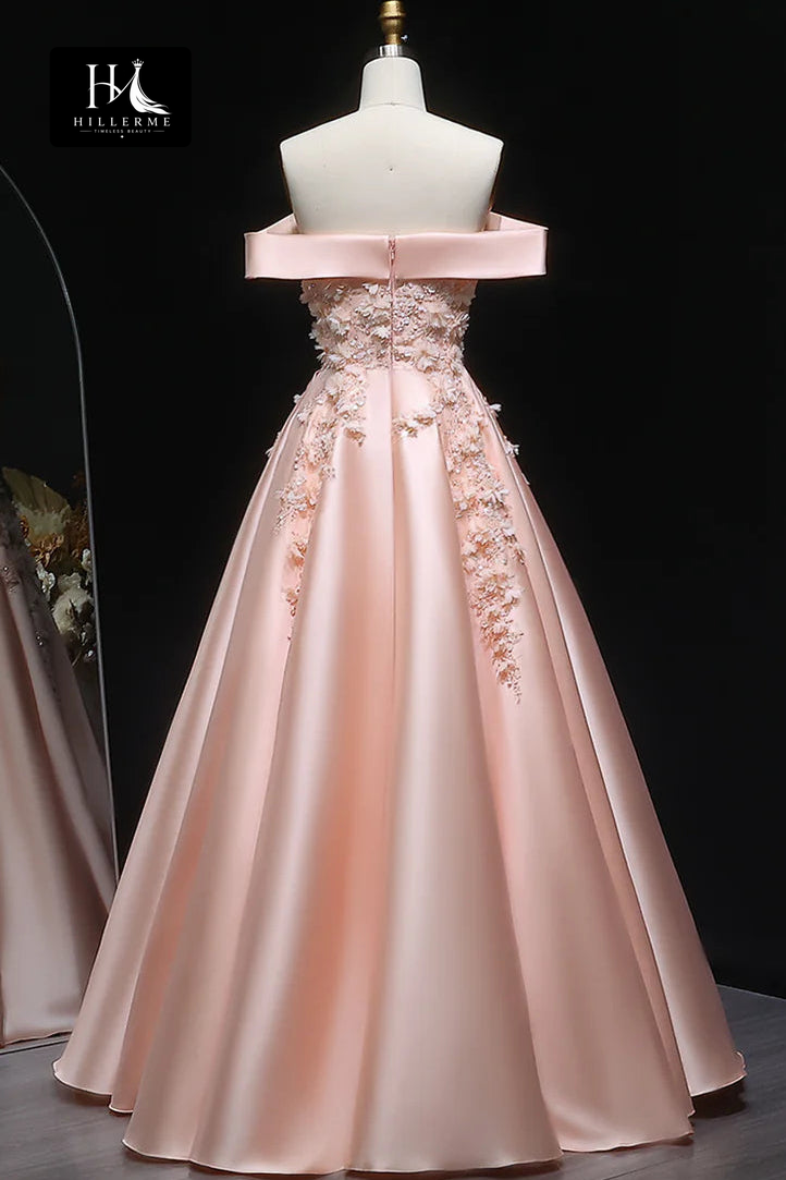 Asymmetrical-Neck 3D Floral Applique Sequined Satin Pleated A-Line Formal Prom Dress