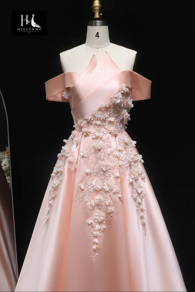 Asymmetrical-Neck 3D Floral Applique Sequined Satin Pleated A-Line Formal Prom Dress