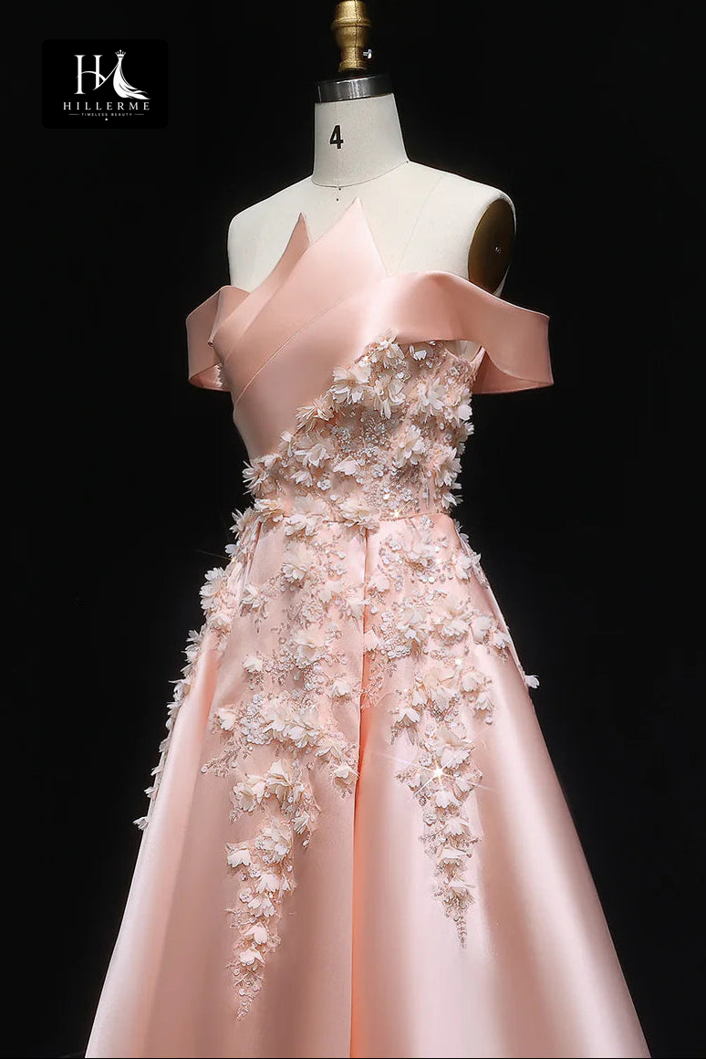 Asymmetrical-Neck 3D Floral Applique Sequined Satin Pleated A-Line Formal Prom Dress