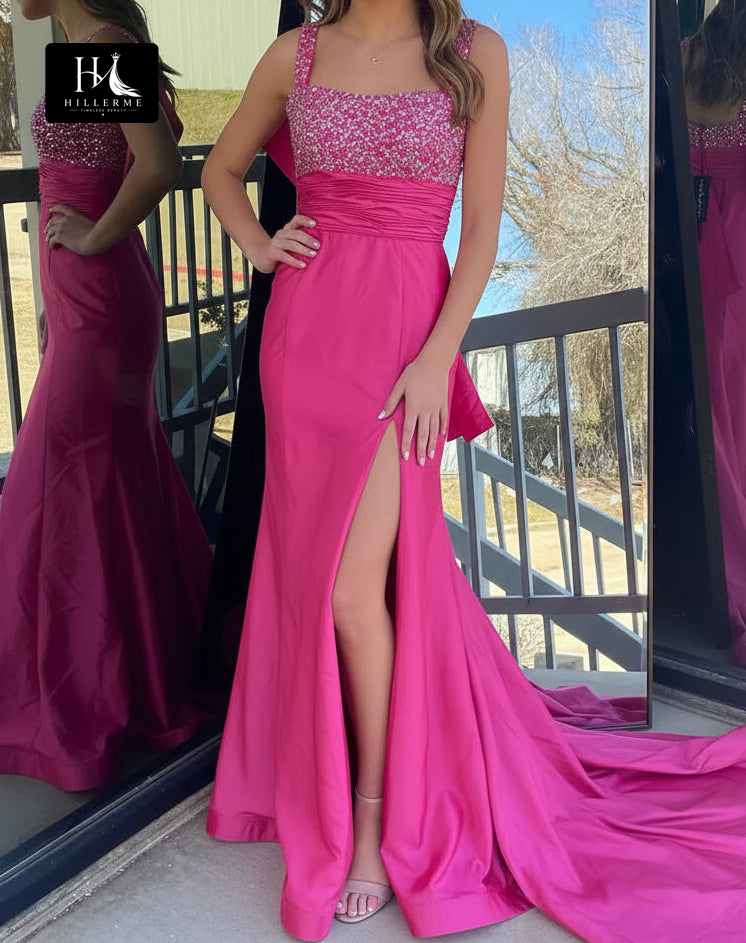 Square-Neck Spaghetti Strap Beaded Satin Pleated Mermaid Prom Dress with High Slit