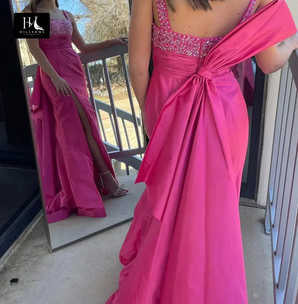 Square-Neck Spaghetti Strap Beaded Satin Pleated Mermaid Prom Dress with High Slit
