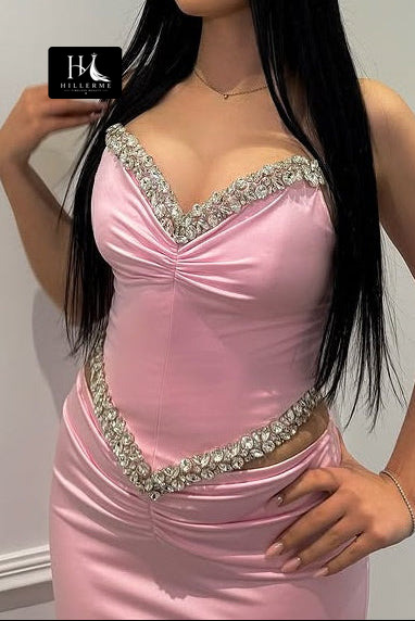 Sweetheart neckline satin prom dress with beaded spaghetti straps and pleated mermaid skirt