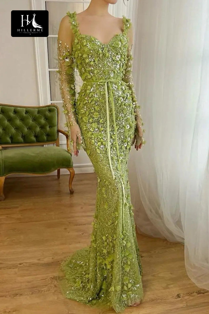 Sweetheart-Neck Mermaid Formal Prom Dress with 3D Floral Appliqués, Beading, and Sequins