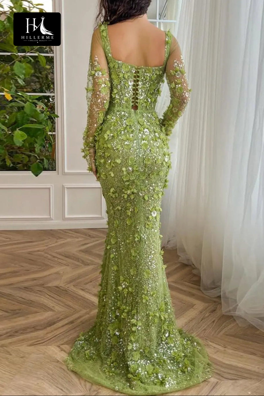 Sweetheart-Neck Mermaid Formal Prom Dress with 3D Floral Appliqués, Beading, and Sequins