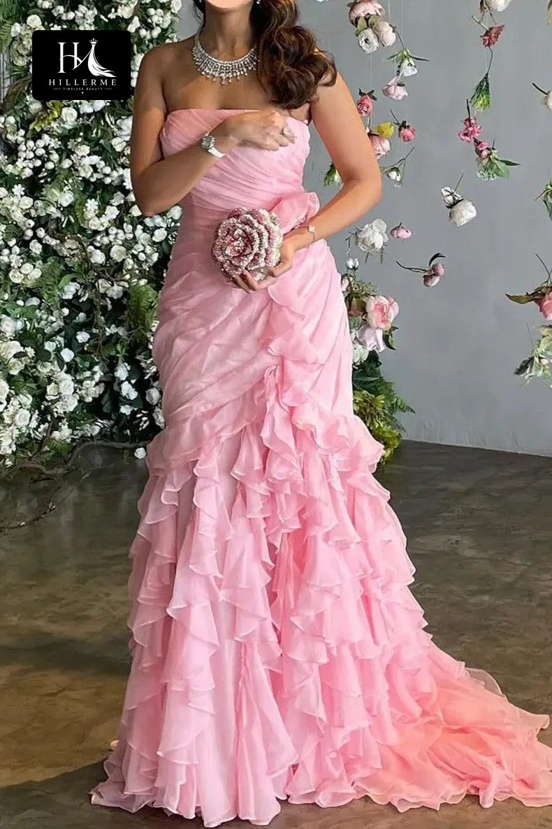 Sleeveless Chiffon Mermaid Formal Prom Dress with Ruffled Tiered Pleating and Sweep Train