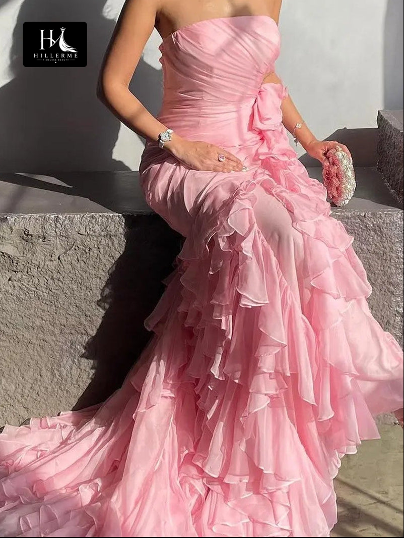 Sleeveless Chiffon Mermaid Formal Prom Dress with Ruffled Tiered Pleating and Sweep Train