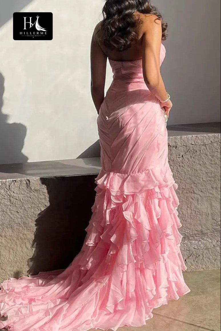 Sleeveless Chiffon Mermaid Formal Prom Dress with Ruffled Tiered Pleating and Sweep Train