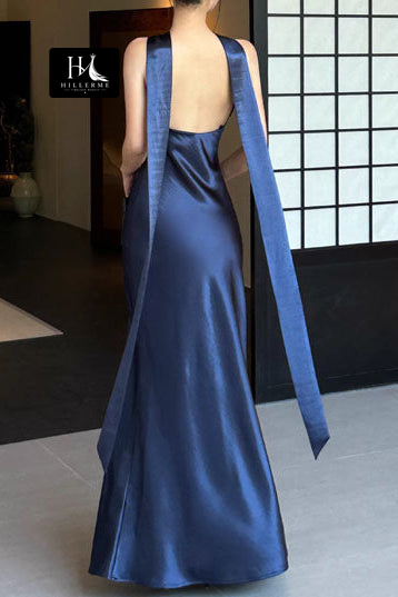 Sleeveless Off-Shoulder Halter Mermaid Floor-Length Prom Dress in Satin with Pleated Detailing