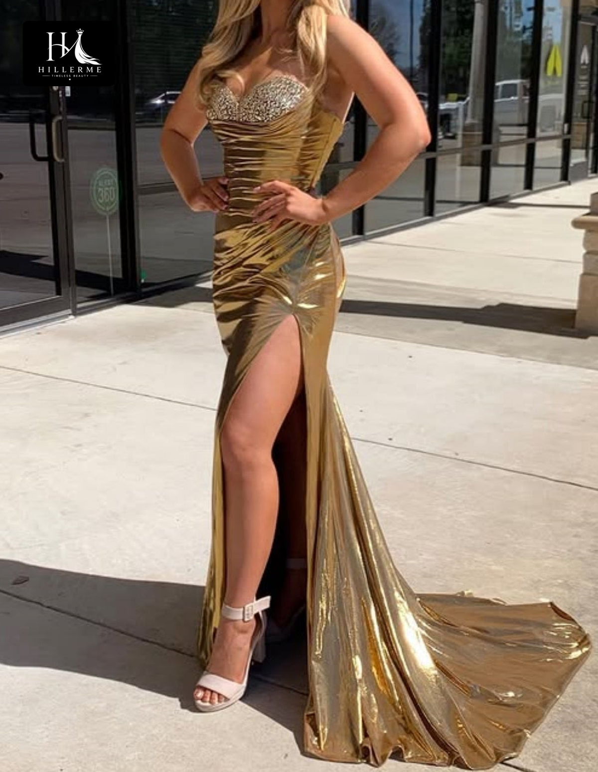Sweetheart Off-Shoulder Beaded Metallic Satin Mermaid Prom Dress with Pleated Detailing
