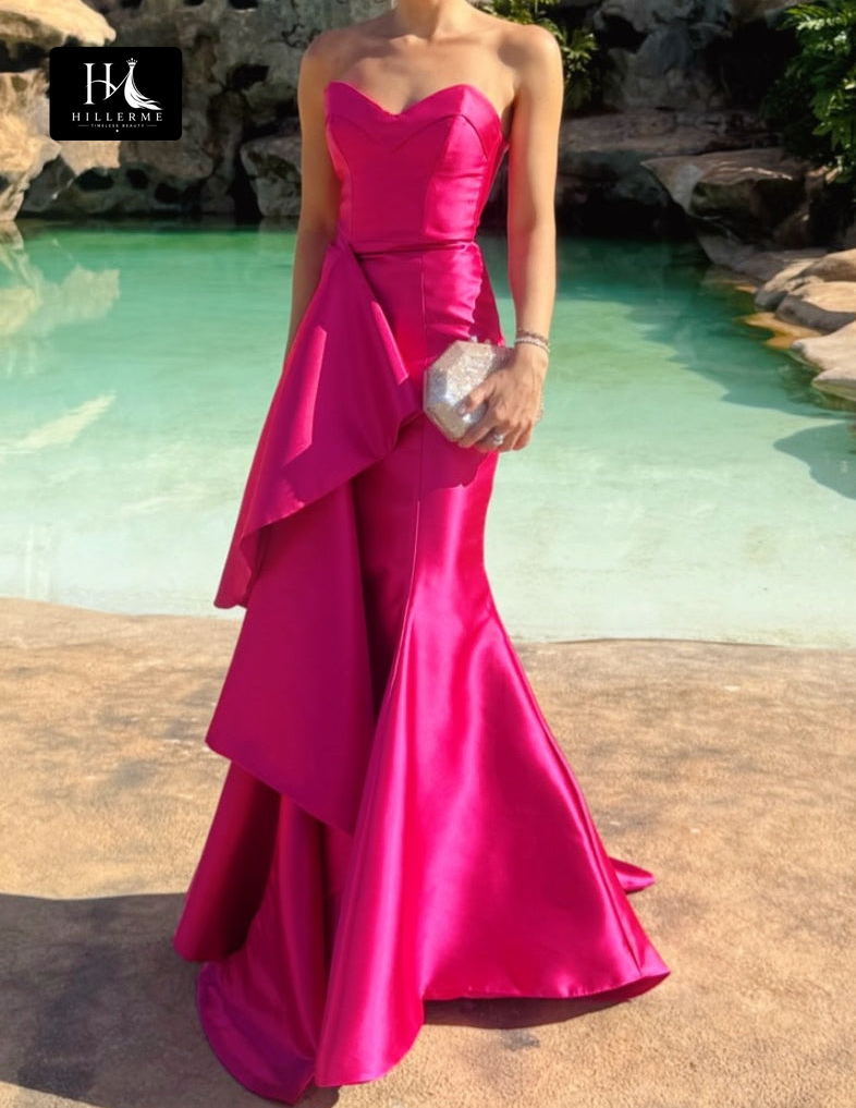 Sweetheart Sleeveless Floor-Length Satin Pleated Tiered Mermaid Formal Prom Dress