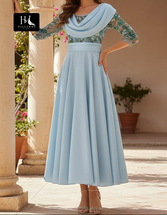 Scoop-Neck A-Line Chiffon Sequined Dress with 3/4 Sleeves for Mother of the Bride