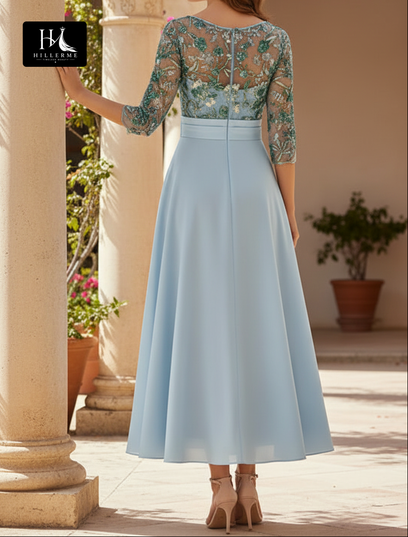 Scoop-Neck A-Line Chiffon Sequined Dress with 3/4 Sleeves for Mother of the Bride