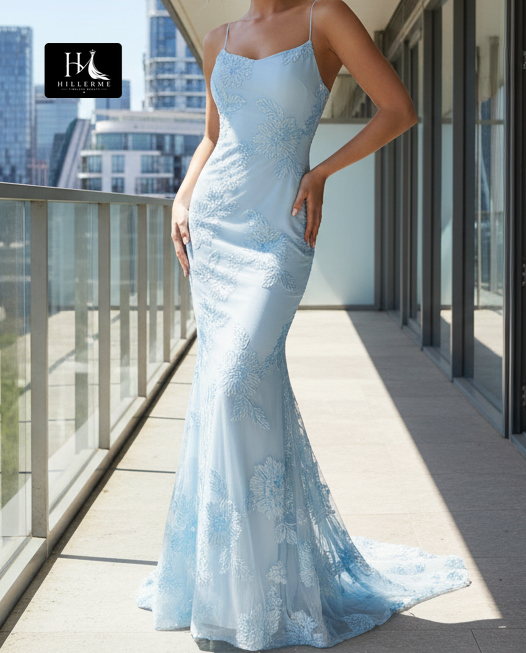 Sleeveless Bateau-Neck Prom Dress with Spaghetti Straps, Jacquard Tulle Pleats and Sweep Train