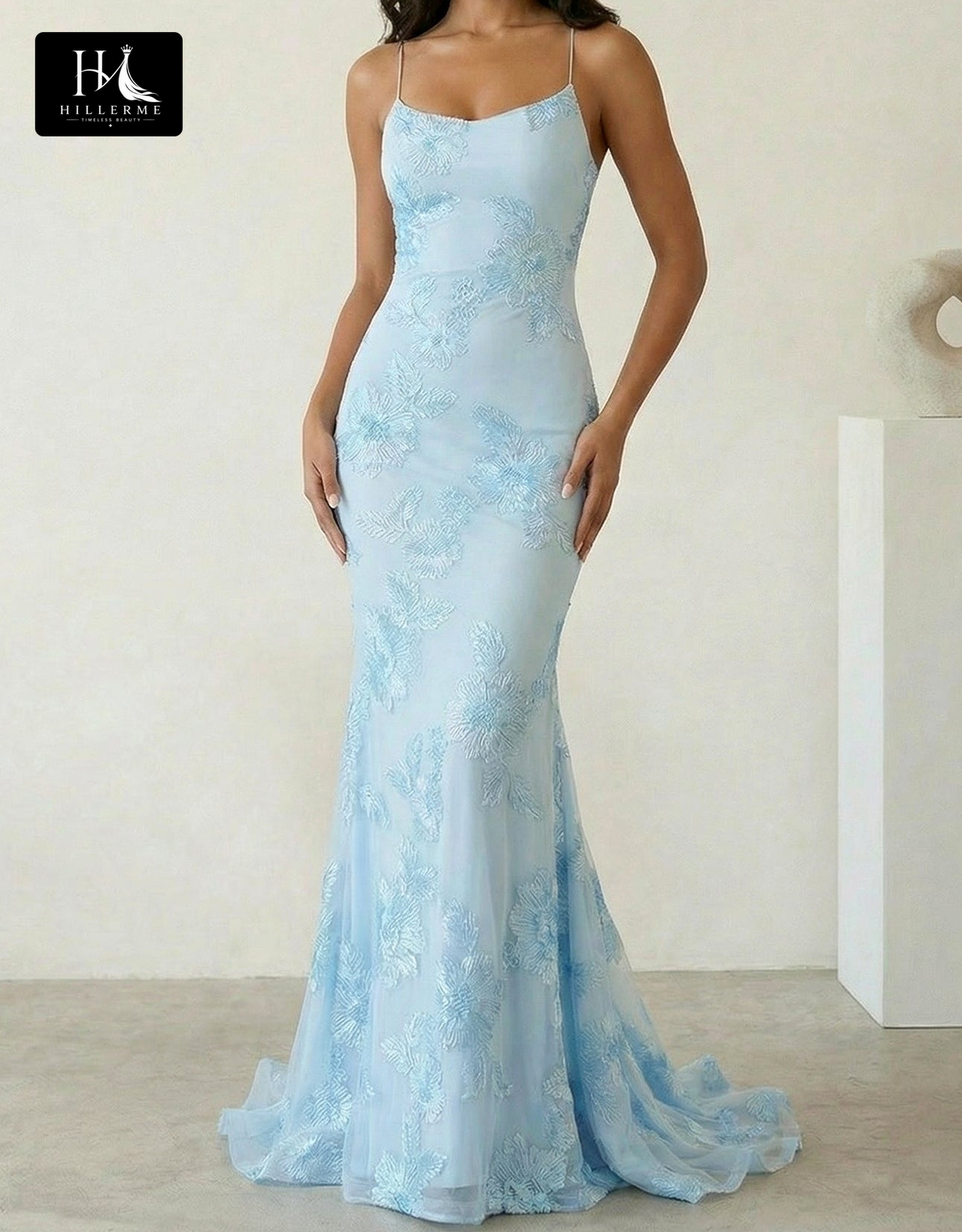 Sleeveless Bateau-Neck Prom Dress with Spaghetti Straps, Jacquard Tulle Pleats and Sweep Train