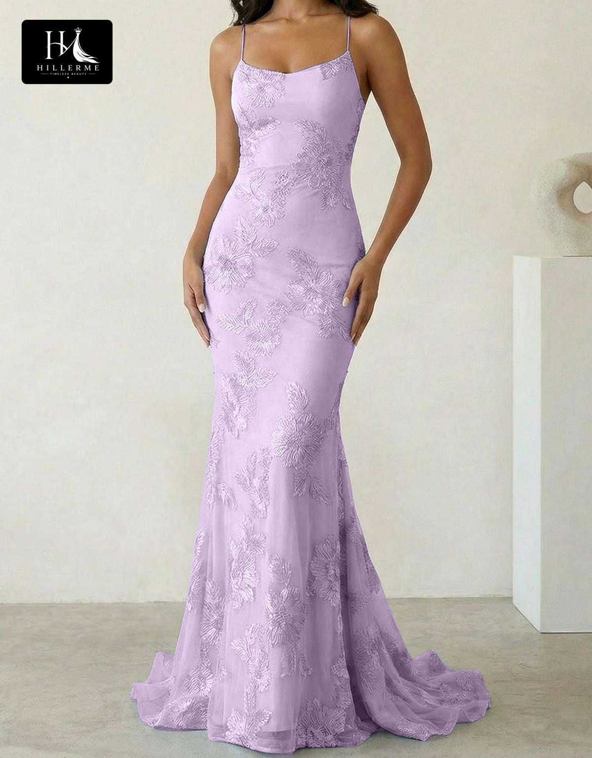 Sleeveless Bateau-Neck Prom Dress with Spaghetti Straps, Jacquard Tulle Pleats and Sweep Train