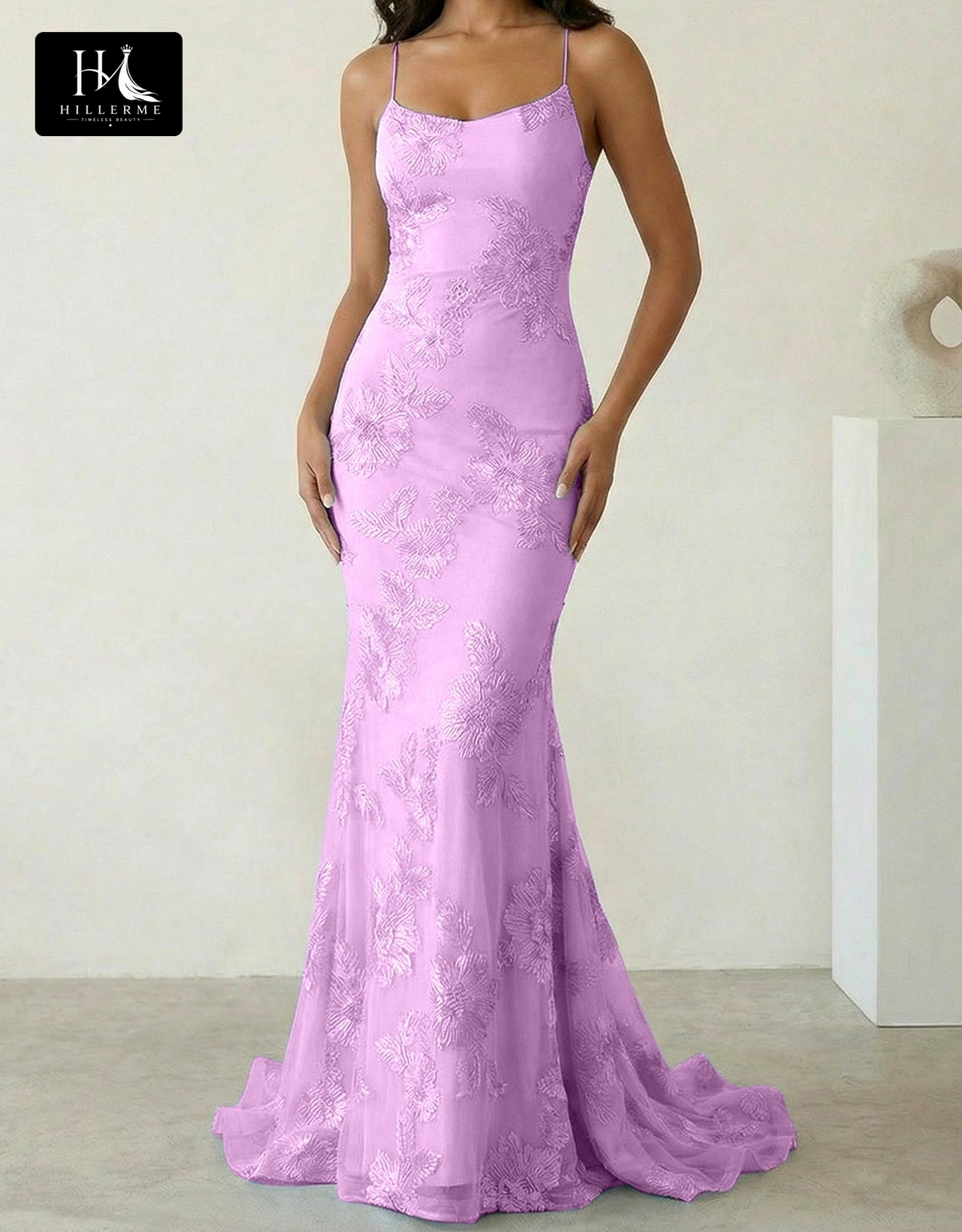 Sleeveless Bateau-Neck Prom Dress with Spaghetti Straps, Jacquard Tulle Pleats and Sweep Train