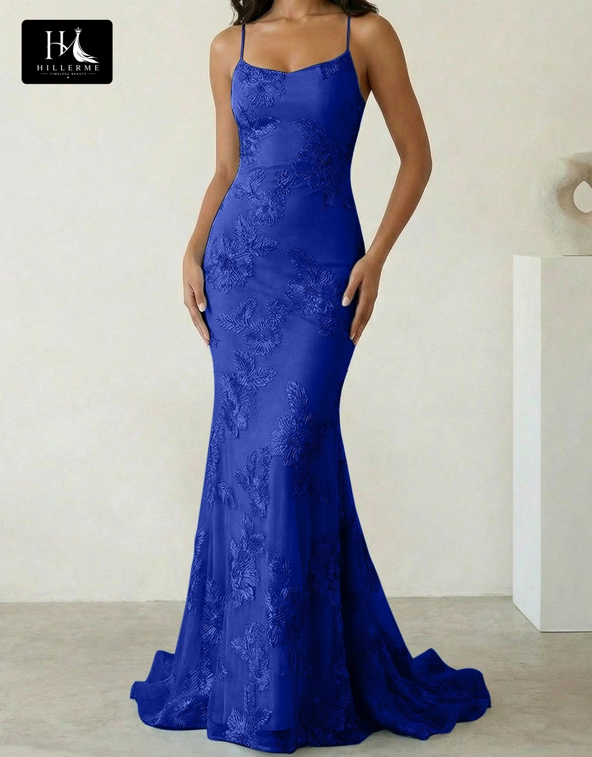 Sleeveless Bateau-Neck Prom Dress with Spaghetti Straps, Jacquard Tulle Pleats and Sweep Train
