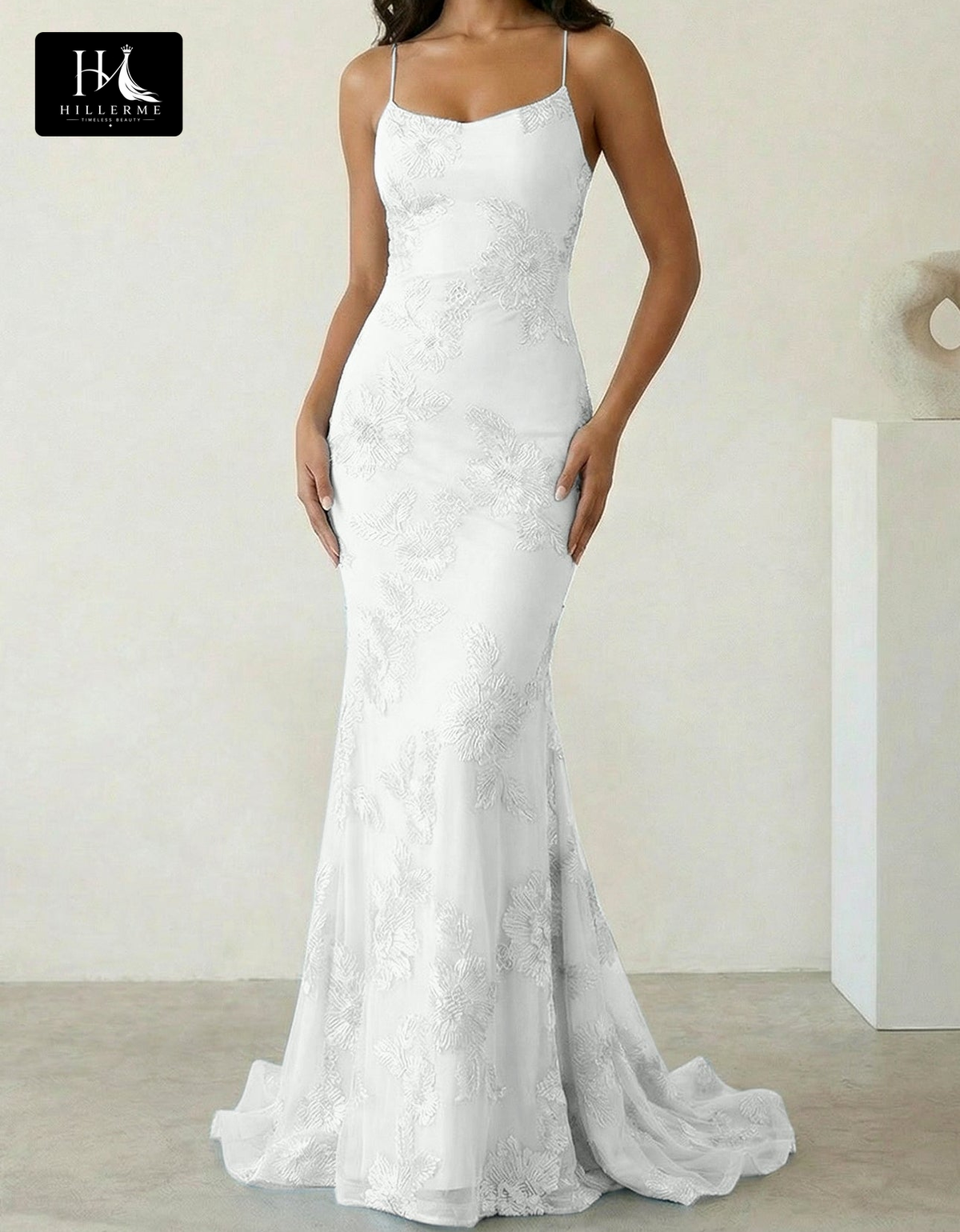 Sleeveless Bateau-Neck Prom Dress with Spaghetti Straps, Jacquard Tulle Pleats and Sweep Train