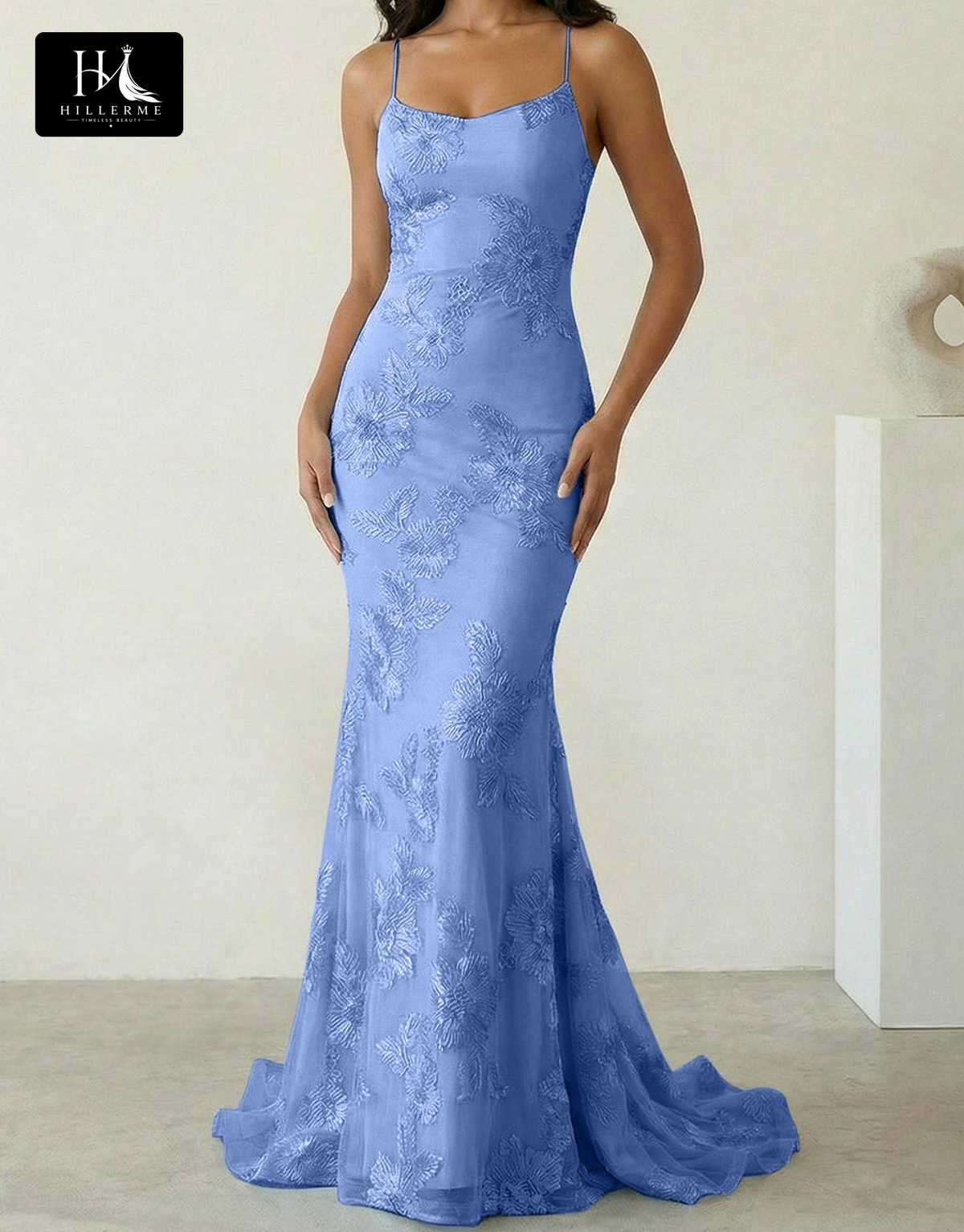 Sleeveless Bateau-Neck Prom Dress with Spaghetti Straps, Jacquard Tulle Pleats and Sweep Train