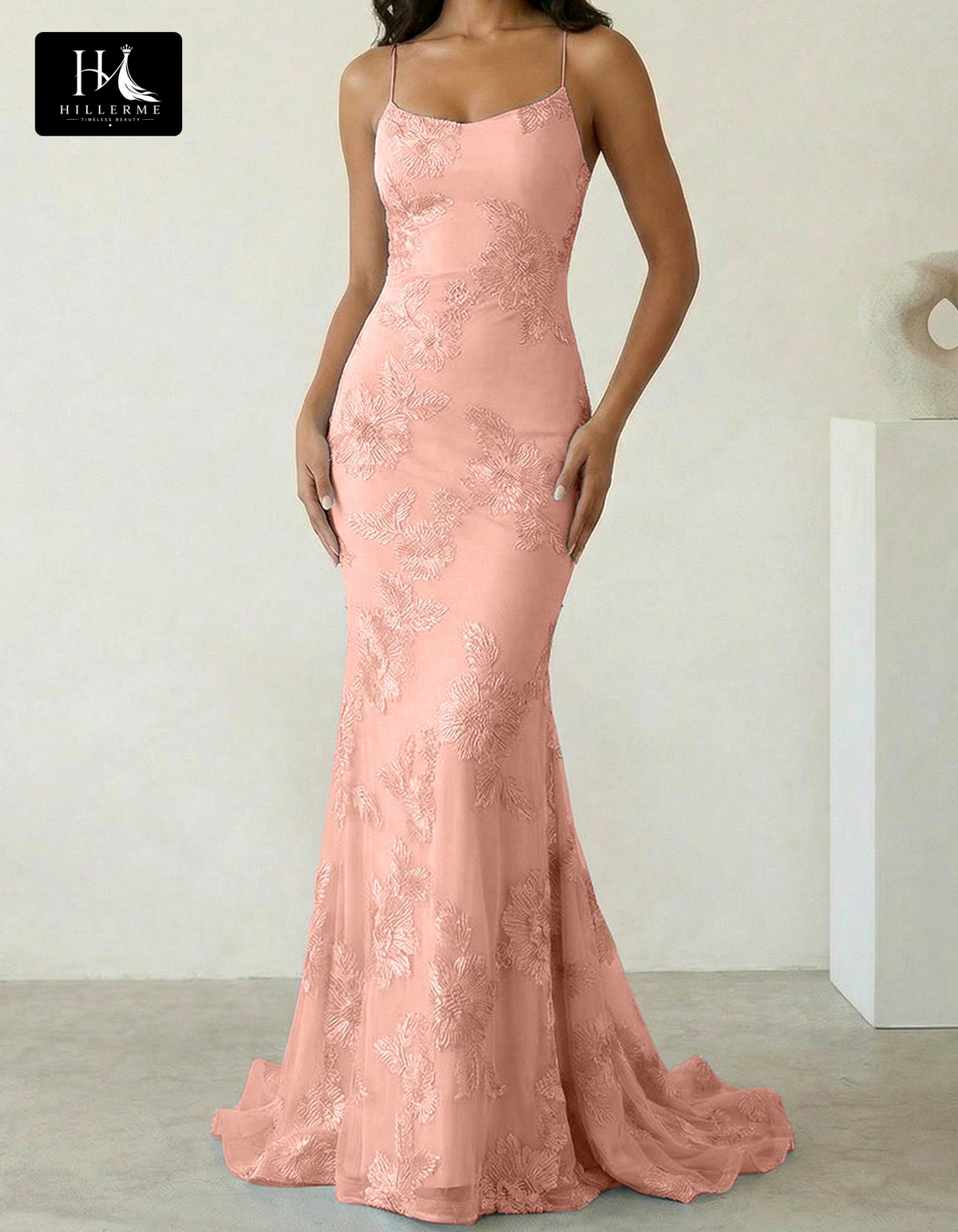 Sleeveless Bateau-Neck Prom Dress with Spaghetti Straps, Jacquard Tulle Pleats and Sweep Train