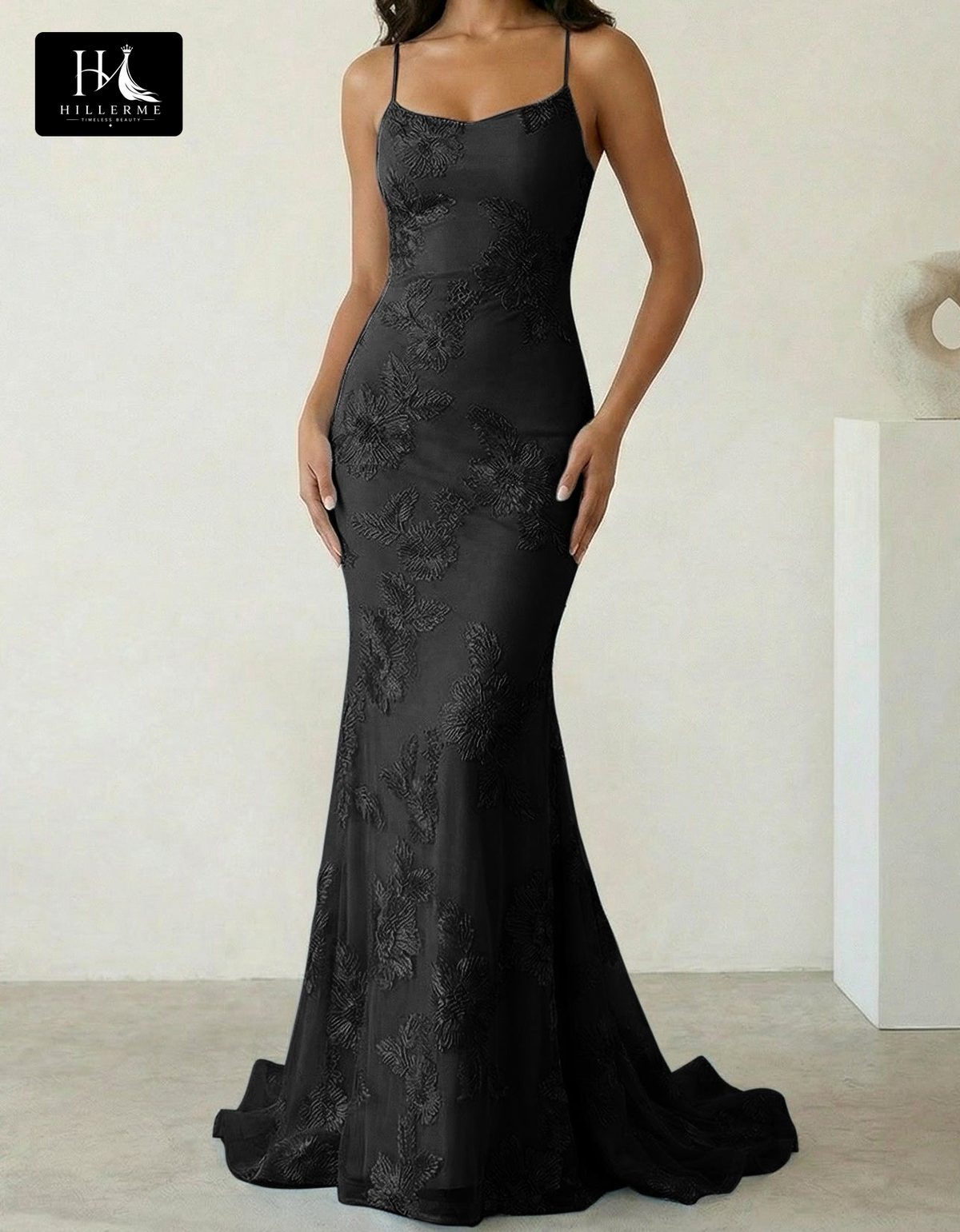 Sleeveless Bateau-Neck Prom Dress with Spaghetti Straps, Jacquard Tulle Pleats and Sweep Train