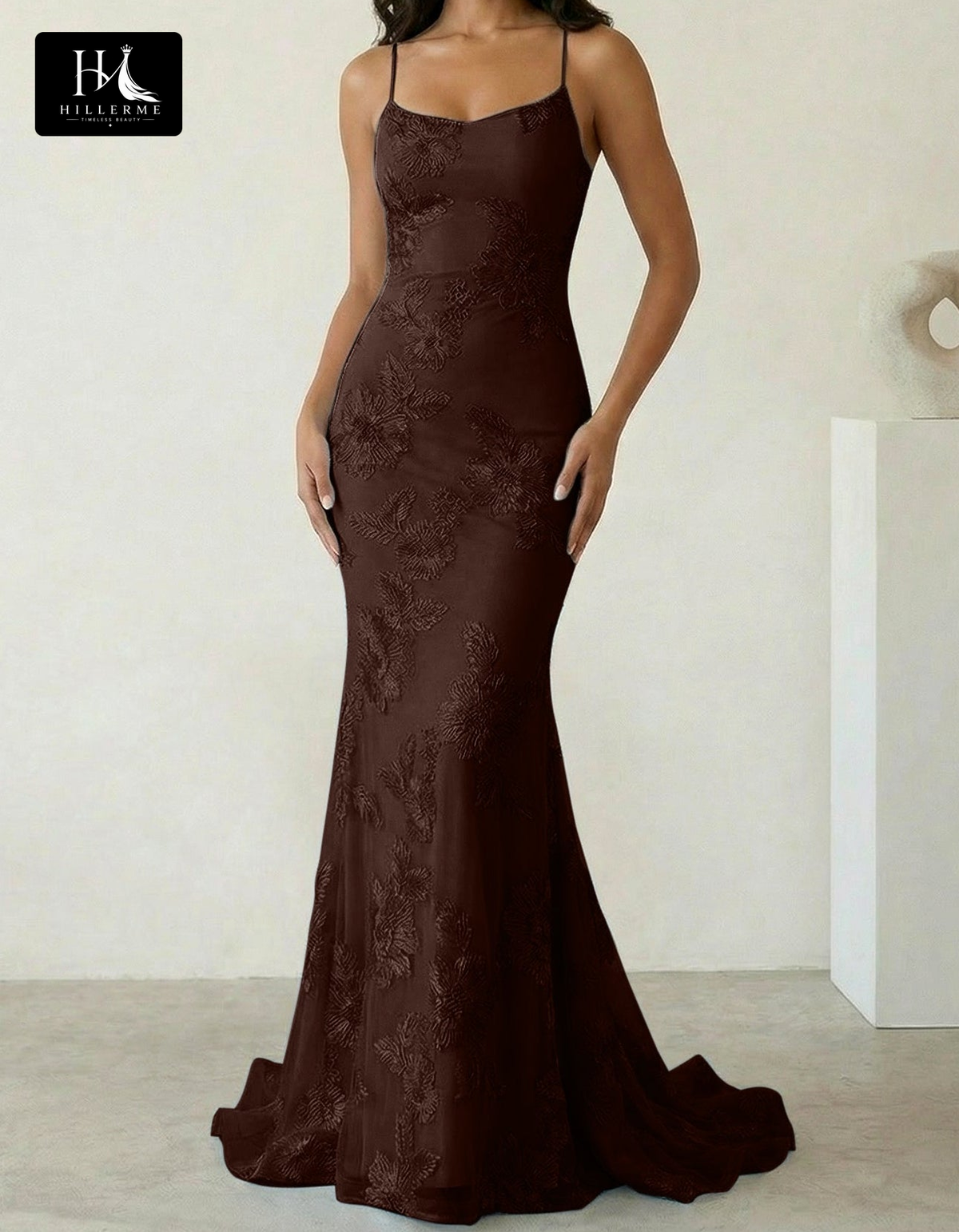 Sleeveless Bateau-Neck Prom Dress with Spaghetti Straps, Jacquard Tulle Pleats and Sweep Train