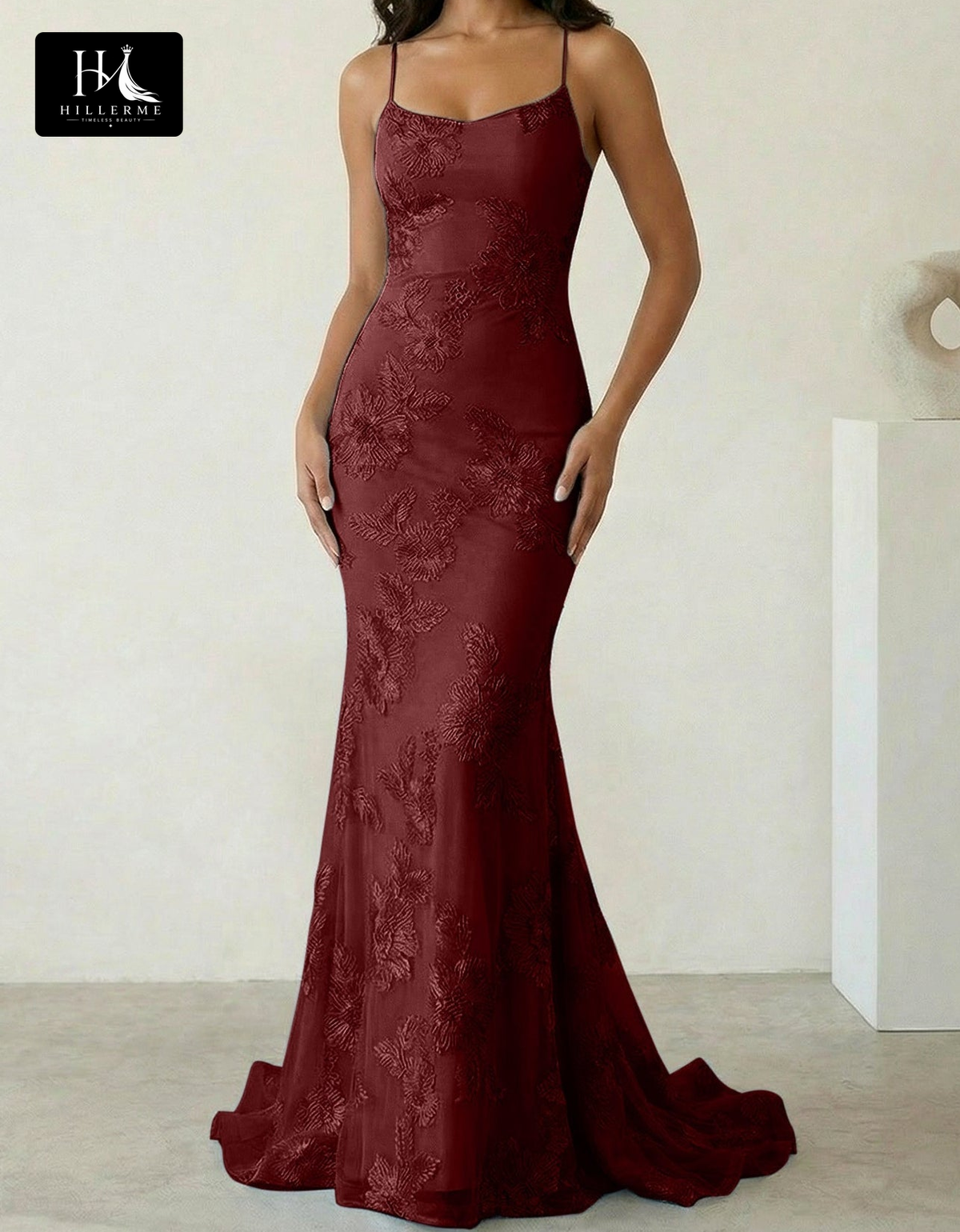Sleeveless Bateau-Neck Prom Dress with Spaghetti Straps, Jacquard Tulle Pleats and Sweep Train