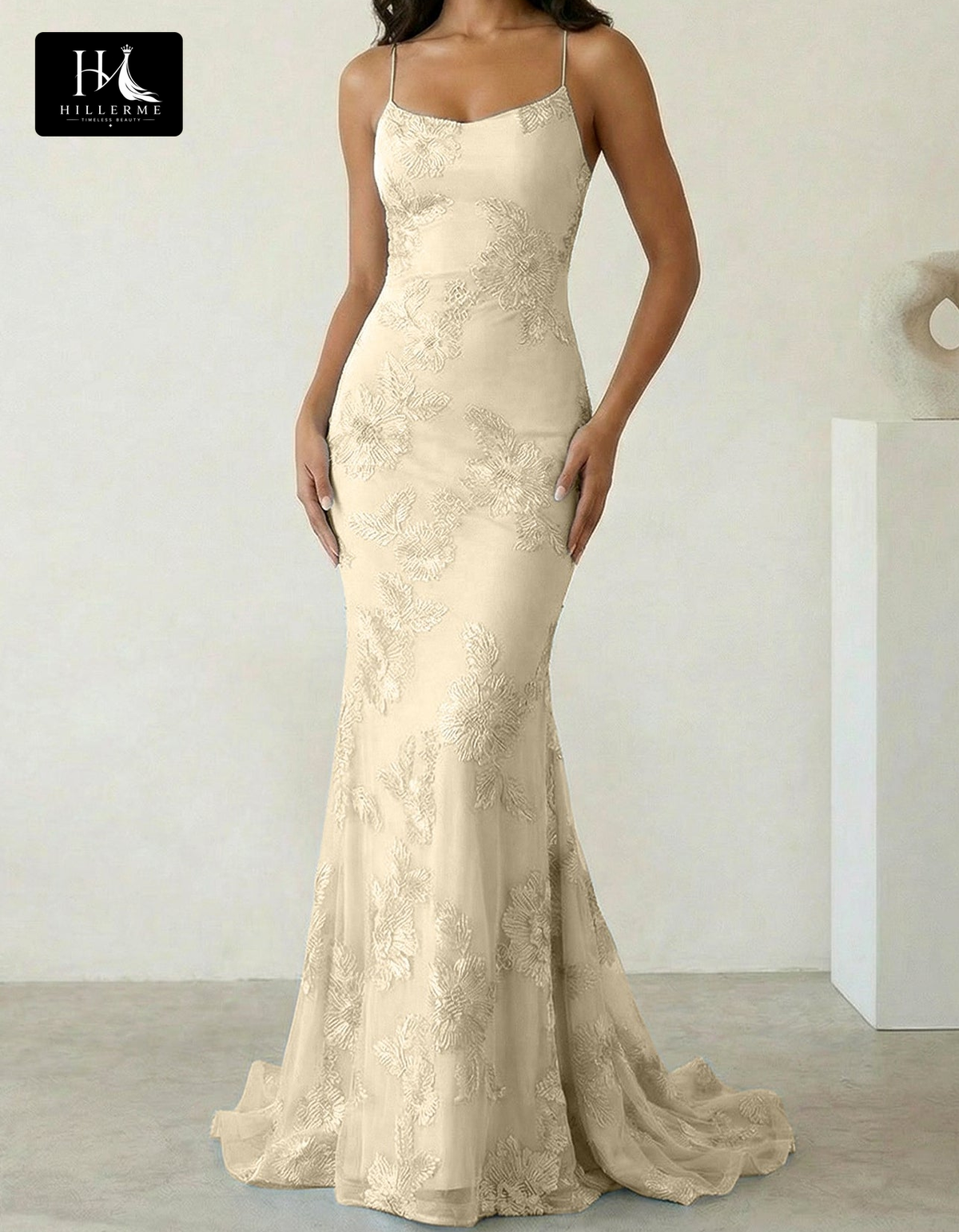 Sleeveless Bateau-Neck Prom Dress with Spaghetti Straps, Jacquard Tulle Pleats and Sweep Train