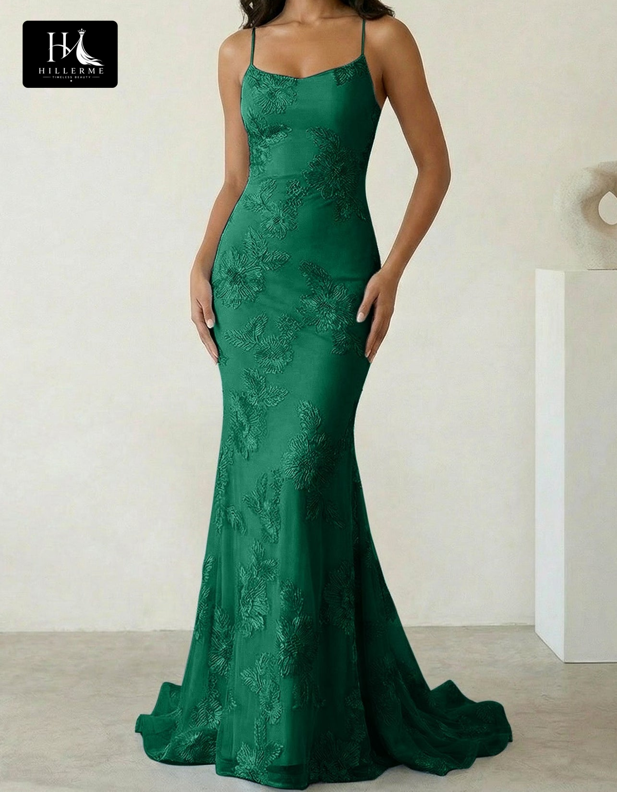 Sleeveless Bateau-Neck Prom Dress with Spaghetti Straps, Jacquard Tulle Pleats and Sweep Train