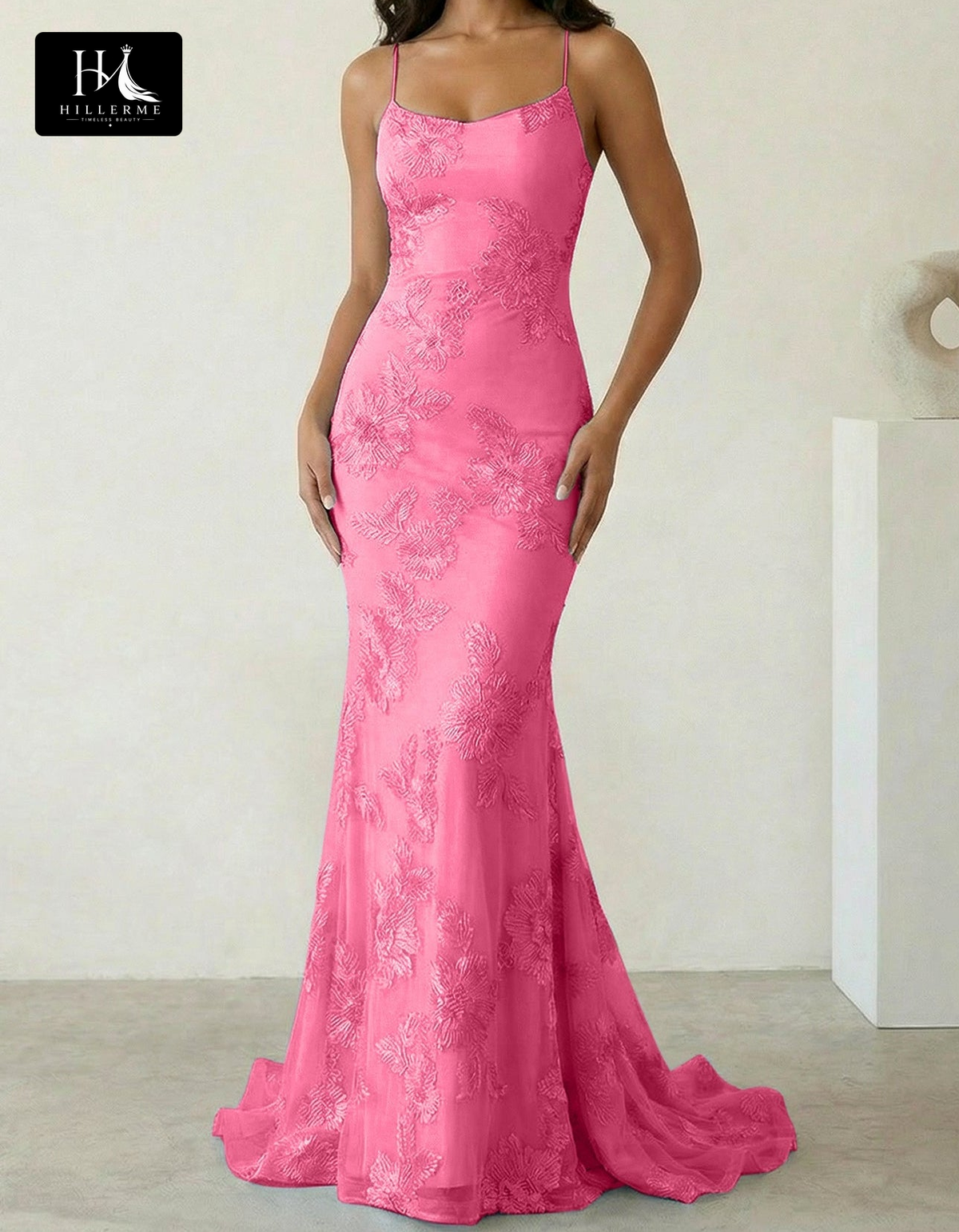Sleeveless Bateau-Neck Prom Dress with Spaghetti Straps, Jacquard Tulle Pleats and Sweep Train