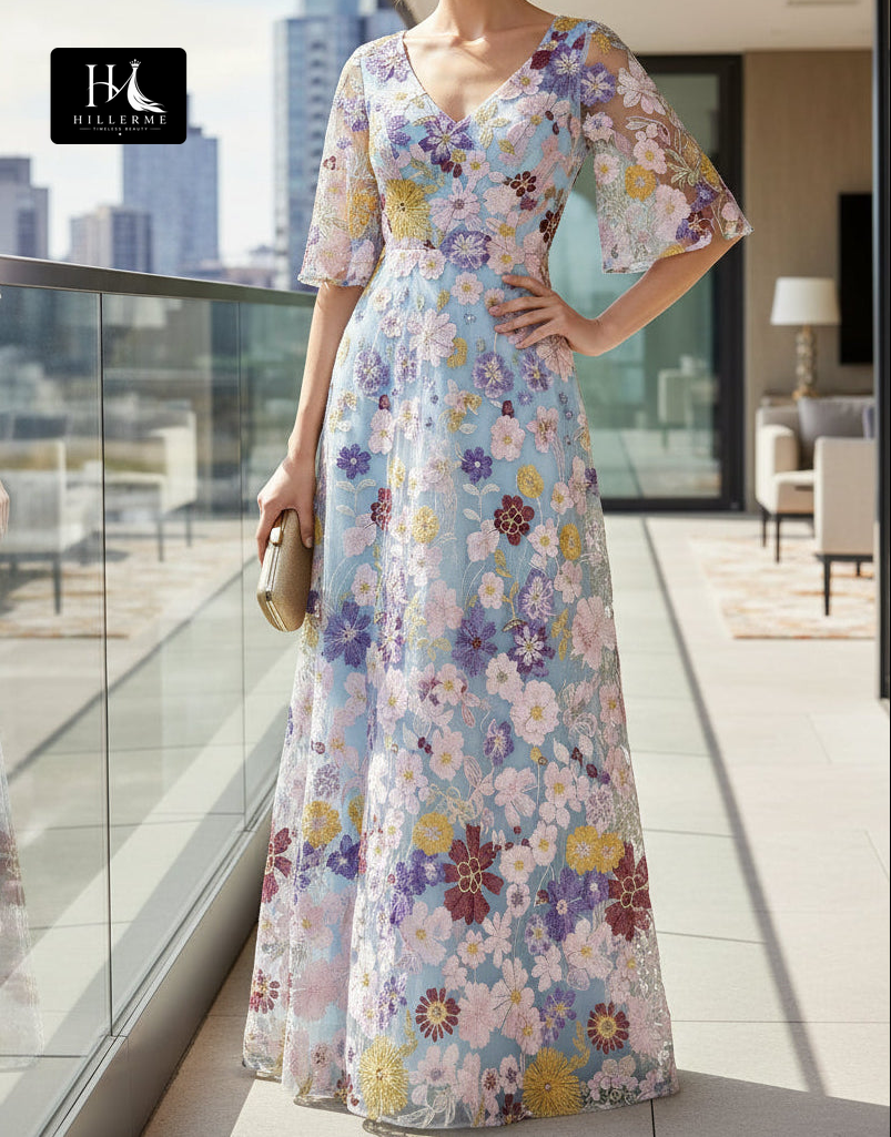 V-Neck A-Line Short-Sleeve Floor-Length Jacquard Tulle Pleated Mother of the Bride Dress
