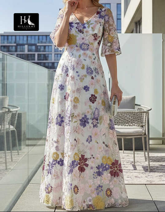 V-Neck A-Line Short-Sleeve Floor-Length Jacquard Tulle Pleated Mother of the Bride Dress