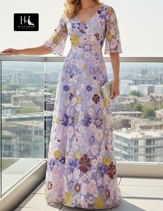 V-Neck A-Line Short-Sleeve Floor-Length Jacquard Tulle Pleated Mother of the Bride Dress
