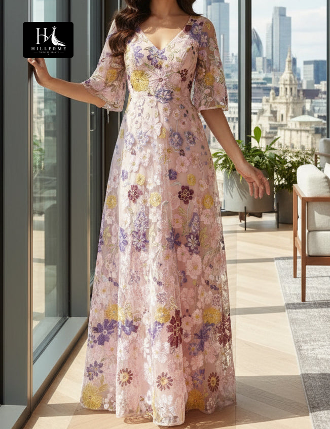 V-Neck A-Line Short-Sleeve Floor-Length Jacquard Tulle Pleated Mother of the Bride Dress
